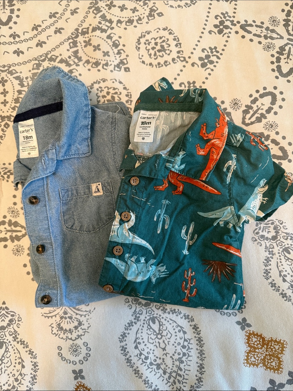 Carter's Denim Print Romper & Teal Dino-Print Short Romper